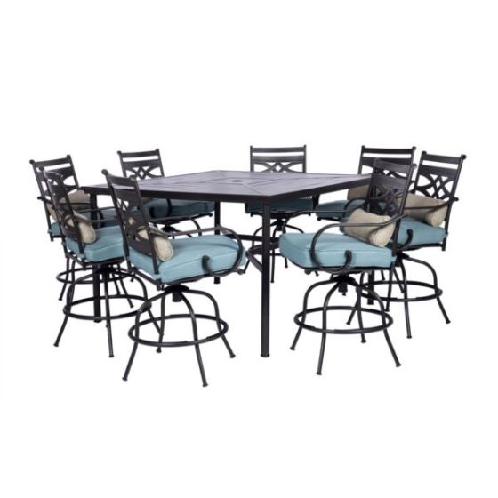 Montclair 9-Piece High-Dining Set in Ocean Blue with 8 Counter-Height Swivel Chairs and 60-Inch Squa