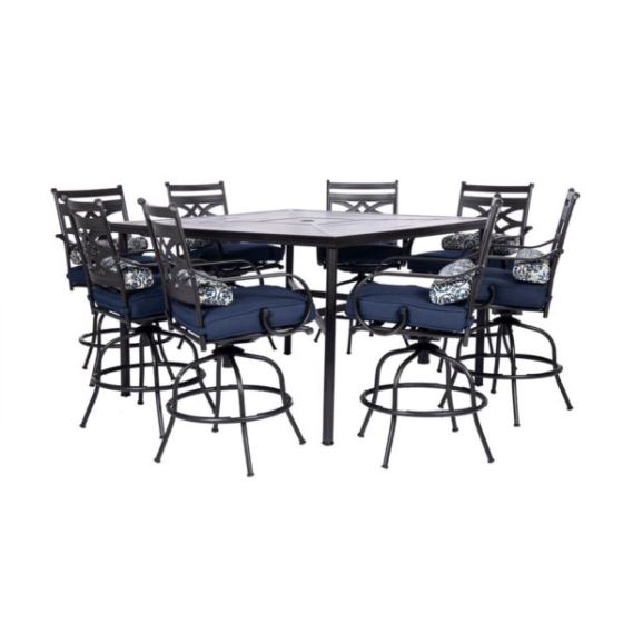 Montclair 9-Piece High-Dining Set in Navy Blue with 8 Counter-Height Swivel Chairs and 60-Inch Squar