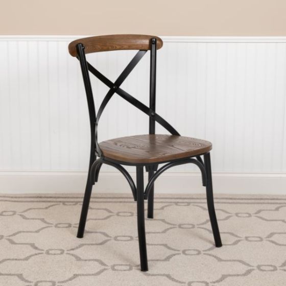 X-Back Black Metal Dining Restaurant Chair with Fruitwood Seat