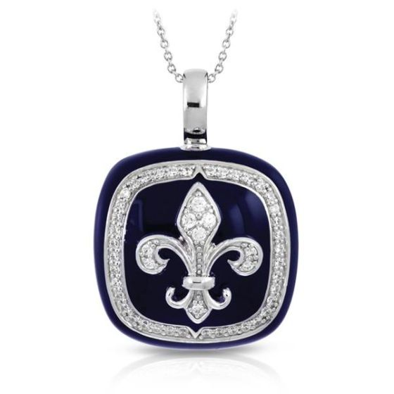 Belle Etoile Round Cubic Zirconia studded Navy Blue Fleur de Liss Pendant- 925 SS with Chain