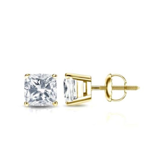 Bright White Pinnacle Cushion Lab Grown Diamond Screwback Stud in 14K Yellow Gold 1.00ct, GH, VVS