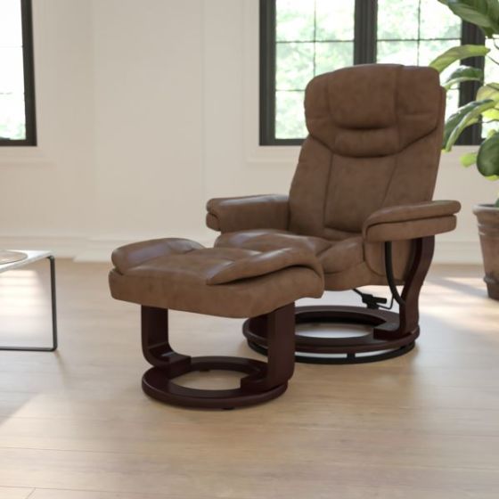 Gray LeatherSoft Multi-Position Recliner &Curved Ottoman w/Mahogany Wood Base