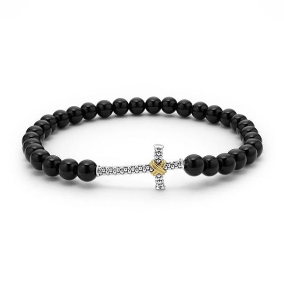 Unisex Onyx Cross Beaded Stretch Bracelet