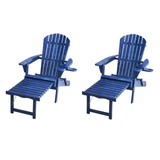 Oceanic Adirondack Chaise Lounge w/Ottoman & Beverage Holder, Set of 2 - Navy Blue