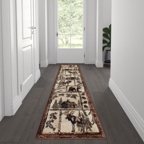 Wildlife Themed Plush Indoor Area Rug in Shades of Brown - 2' x 7'