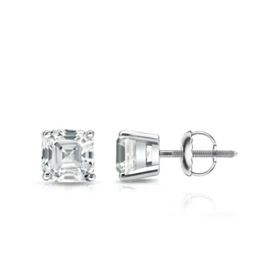Bright White Pristine Asscher Lab Grown Diamond Screwback Stud in 14K White Gold 1.00ct, GH, VS