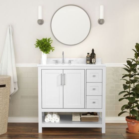 36 Inch Bathroom Vanity with Sink, Open Storage, and Storage Drawers in White