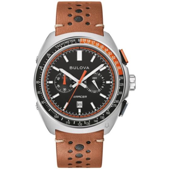 Men's Racer Chronograph Brown Leather Strap Watch Black Dial