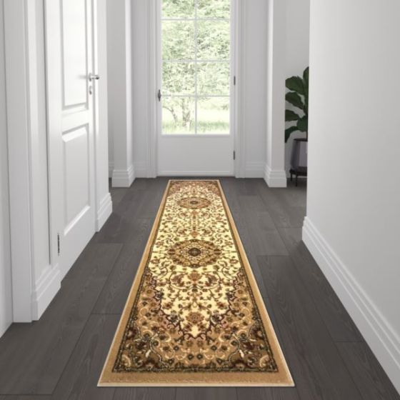 Multipurpose Persian Style Olefin Medallion Motif Area Rug in Ivory - 2' x 7'