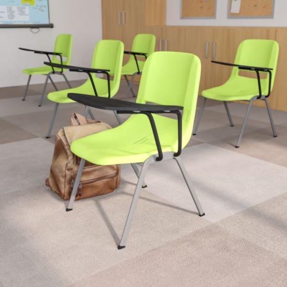 Green Ergonomic Shell Chair with Left Handed Flip-Up Tablet - Tablet Arm Desk