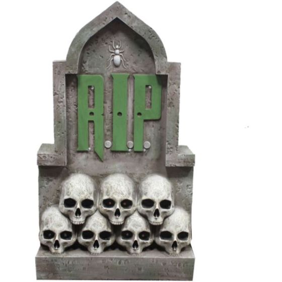 2-Ft. RIP Tombstone with Skulls Prelit LED Resin Figurine, Indoor or Covered Outdoor Halloween Decor