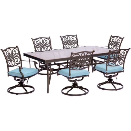 Traditions 7-Piece Dining Set in Blue with Extra Large Glass-Top Dining Table