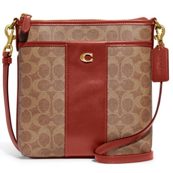 Colorblock Coated Canvas Signature Kitt Crossbody- Tan Rust/Brass