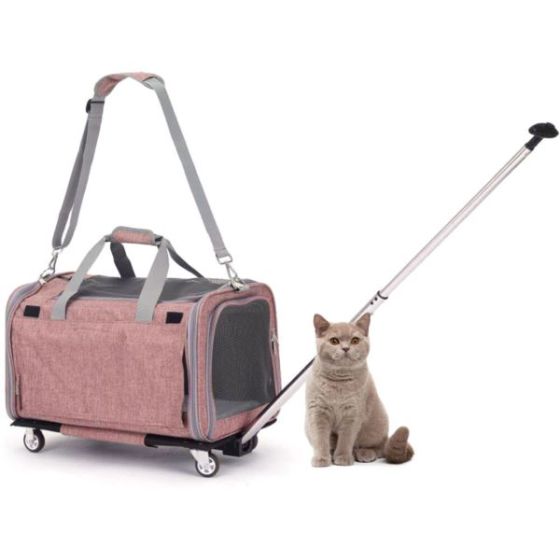 Rolling Pet Carrier with Telescopic Pull Rod for Pets 22 Lbs. and Under, Pink