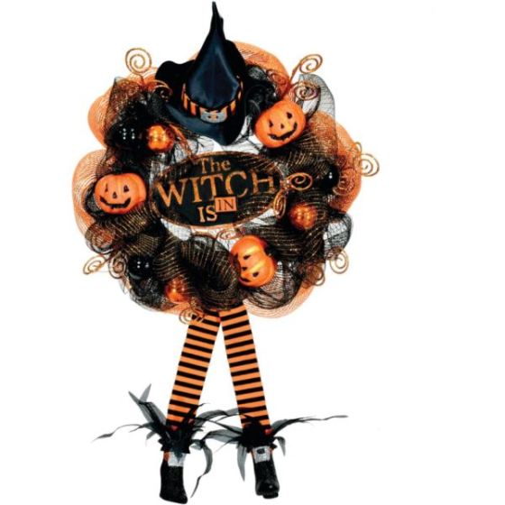 24-in. Halloween Wreath with Witch Hat and Legs, Pumpkins, and Ornaments
