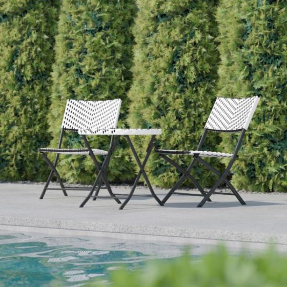 3PC Navy and White Indoor/Outdoor PE Rattan Folding French Bistro Set
