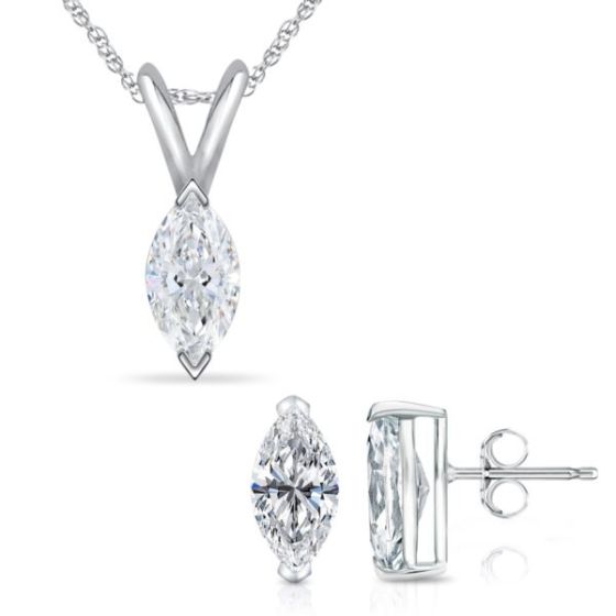 Bright White Pinnacle Marquise Lab Grown Diamond Pendant-Stud Set in 14K White Gold 1.20ct, GH, VVS