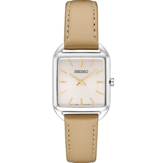 Seiko Essentials Ladies Strap SS Quartz Blush Pink Square Dial, Silver bezel, Tan strap