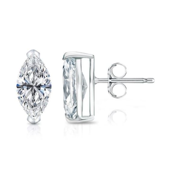 Bright White Pinnacle Marquise Lab Grown Diamond Stud in 14K White Gold 1.20ct,Color-GH,Clarity-VVS