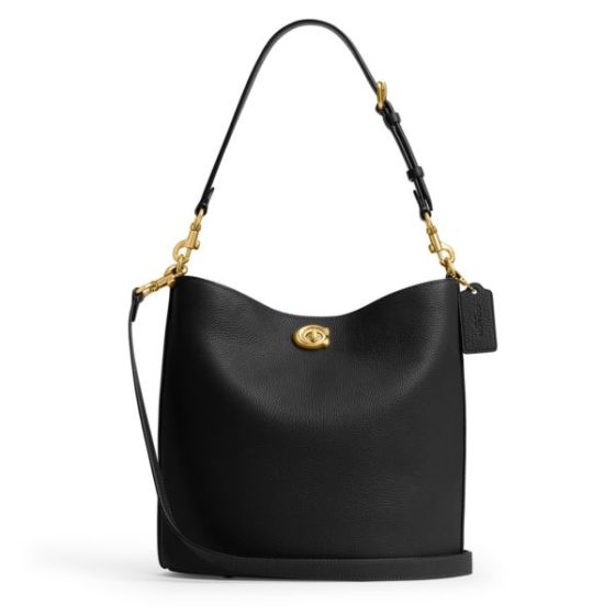 Polished Pebble Leather Willow Soft Bucket Bag - Black/Brass