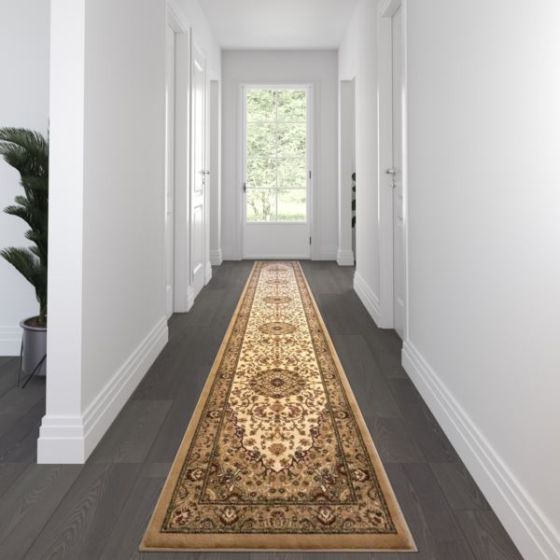 Multipurpose Persian Style Olefin Medallion Motif Area Rug in Ivory - 3' x 15'
