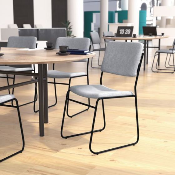 500 lb. Capacity High Density Gray Fabric Stacking Chair with Sled Base