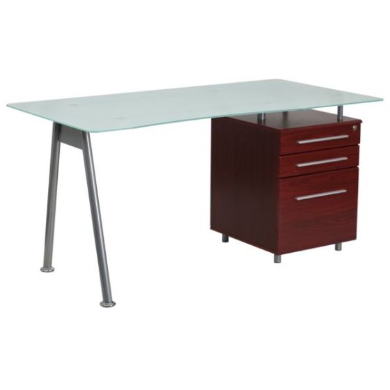 Mahogany Computer Desk with Tempered Glass Top and Three Drawer Pedestal