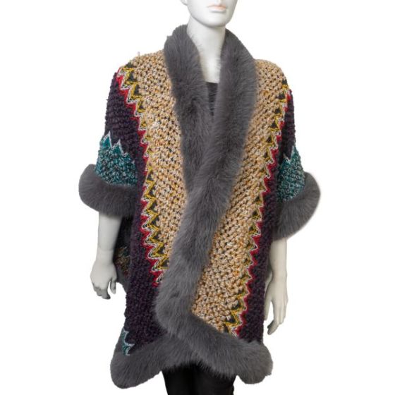 Aztec Zig Zag Knit Ruana, Faux Mink Trim