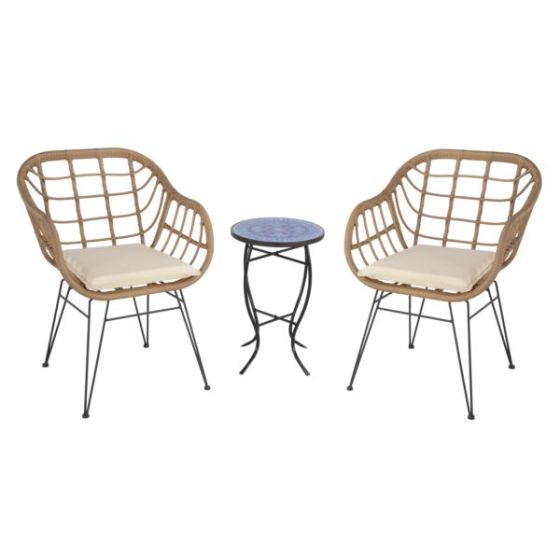 2 Faux Rattan Basket Chairs - Brown w/Pansies Blue Mosiac Accent Table