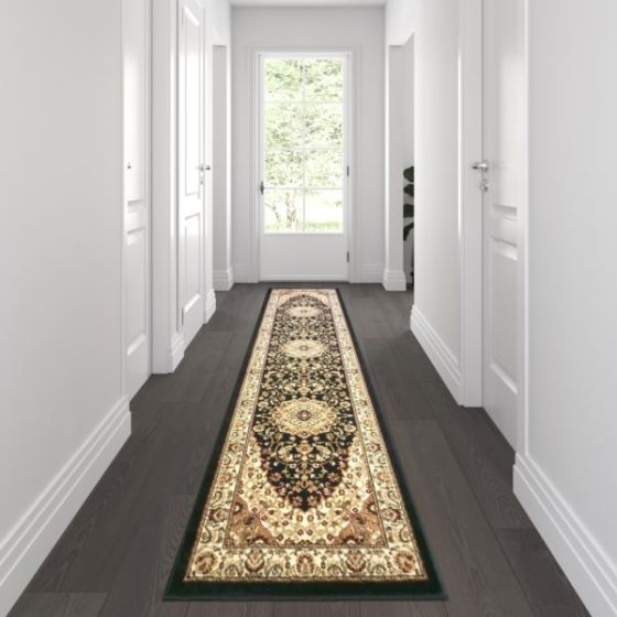 Multipurpose Persian Style Olefin Medallion Motif Area Rug in Black - 3' x 10'