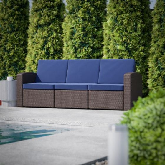 Chocolate Brown Faux Rattan Sofa with All-Weather Navy Cushions