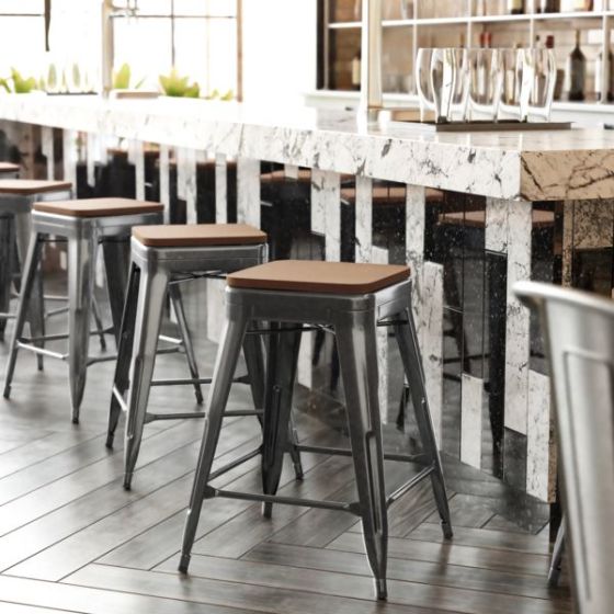 Indoor/Outdoor Backless Counter Stool with Poly Seat - Black/Teak