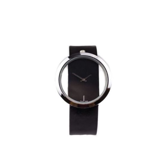 Ladies' Stainless Steel and Black Leather See Through Fashion Watch