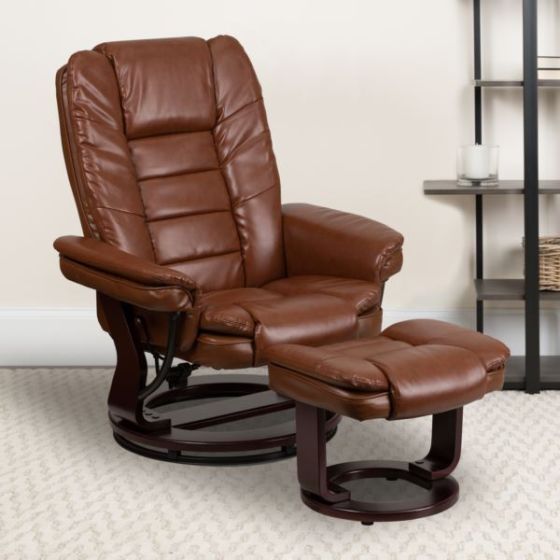 Gray LeatherSoft Multi-Position Recliner &Ottoman w/Swivel Mahogany Wood Base