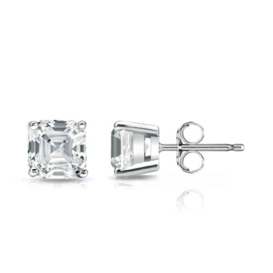 Bright White Pristine Asscher Lab Grown Diamond Stud in 14K White Gold 1.20ct, Color-GH,Clarity-VS