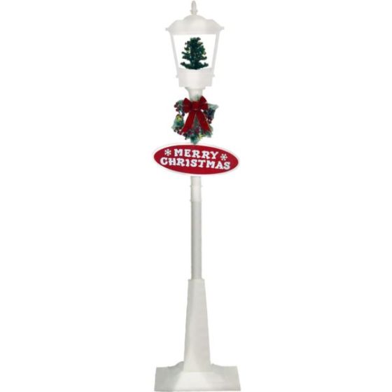 71-In. Musical Snowy Street Lamp with Christmas Tree Scene, 2 Signs Cascading Snow, and Holiday Song