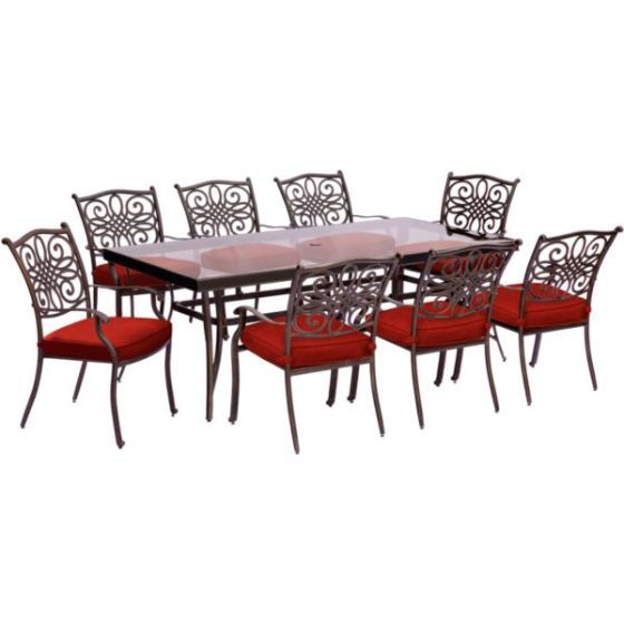 Traditions 9-Piece Dining Set in Red with an 84 x 41 In. Glass-Top Dining Table