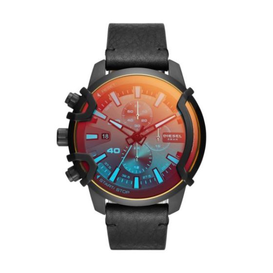 Men's Griffed Chronograph Black Leather Strap Watch Iridescent Dial
