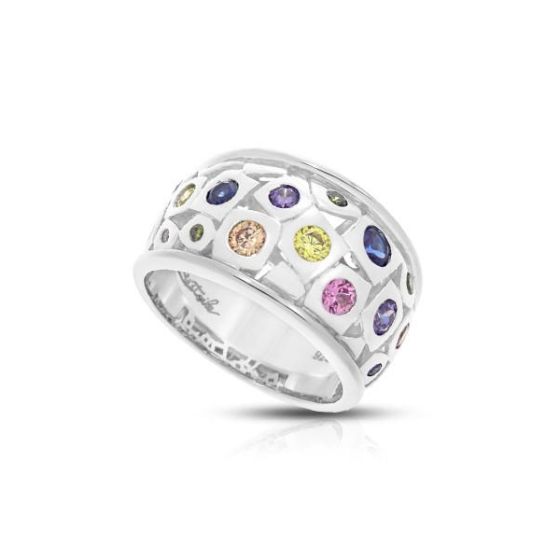 Belle Etoile Round Multi color Cubic Zirconia studded Byzantine Size-7 Ring - 925 Sterling Silver