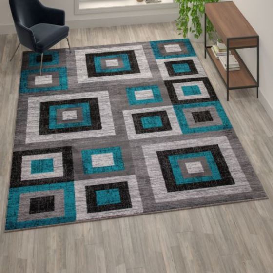 Modern Geometric Design Area Rug in Blue, Grey, and White - 8' x 10'