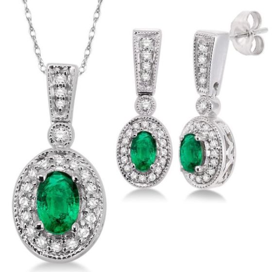 Emerald and Diamond Earrings and Necklace Set