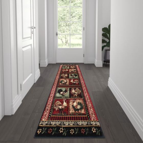 Rustic Cabin Style 2' x 7' Vintage Rooster Themed Area Rug in Black
