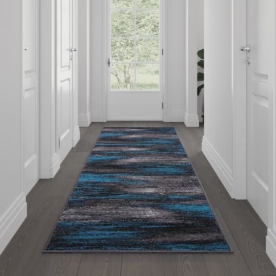 Abstract Style Accent Area Rug - Blue & Gray Scraped Pattern - 2' x 10'
