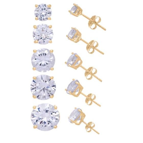 Gold Plated CZ Stud Earrings Set Size 5 Pairs