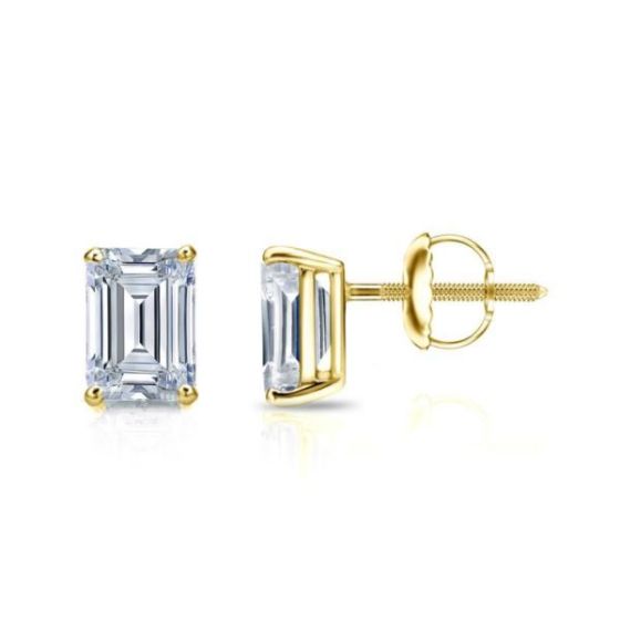 Bright White Pristine Emerald Lab Grown Diamond Screwback Stud in 14K Yellow Gold 1.20ct, GH, VS
