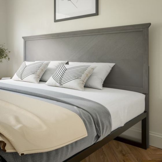 Contemporary King Size Herring Bone Wooden Headboard Only in Gray Wash