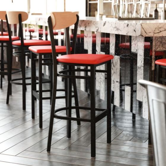 Commercial Metal Barstool with Vinyl Seat and Wood Boomerang Back-Red/Natural