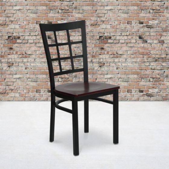 Black Window Back Metal Restaurant Chair - Mahogany Wood Seat