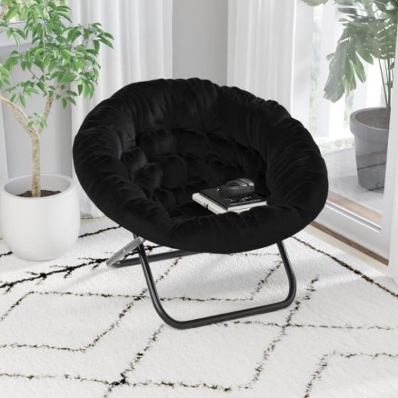 Folding XL Faux Fur Saucer Chair for Dorm or Bedroom - Black/Soft Gold