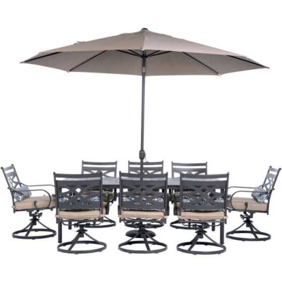 Montclair 9-Piece Dining Set in Tan with 8 Swivel Rockers, 42-In. x 84-In. Table, 11 Ft. Umbrella an